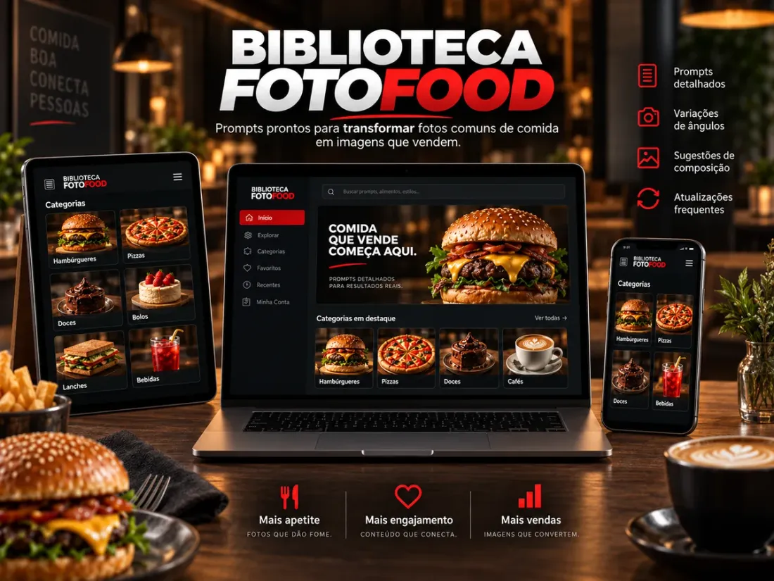 Biblioteca FotoFood em tablet, notebook e celular, com categorias de hambúrgueres, pizzas, doces e cafés