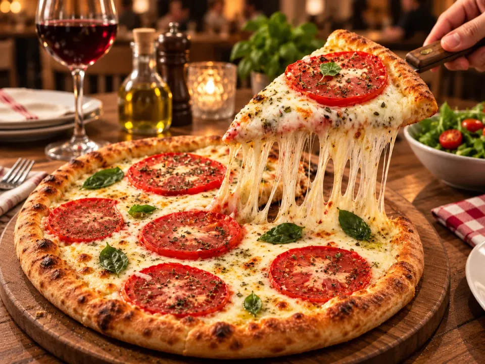 Pizza com queijo puxando